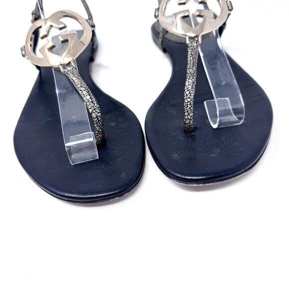 GUCCI GG Black Silver Logo Monogram Ellesmere Heart Designer Vintage Sandals 36 - Picture 2 of 10